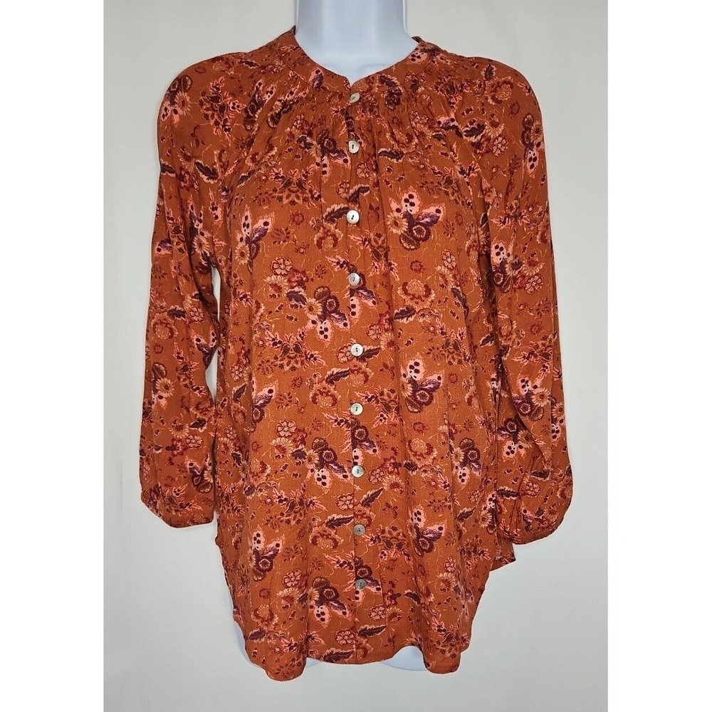 Maison & Belle Women's Burnt Orange Floral Button-Up Blouse Size XS NWT